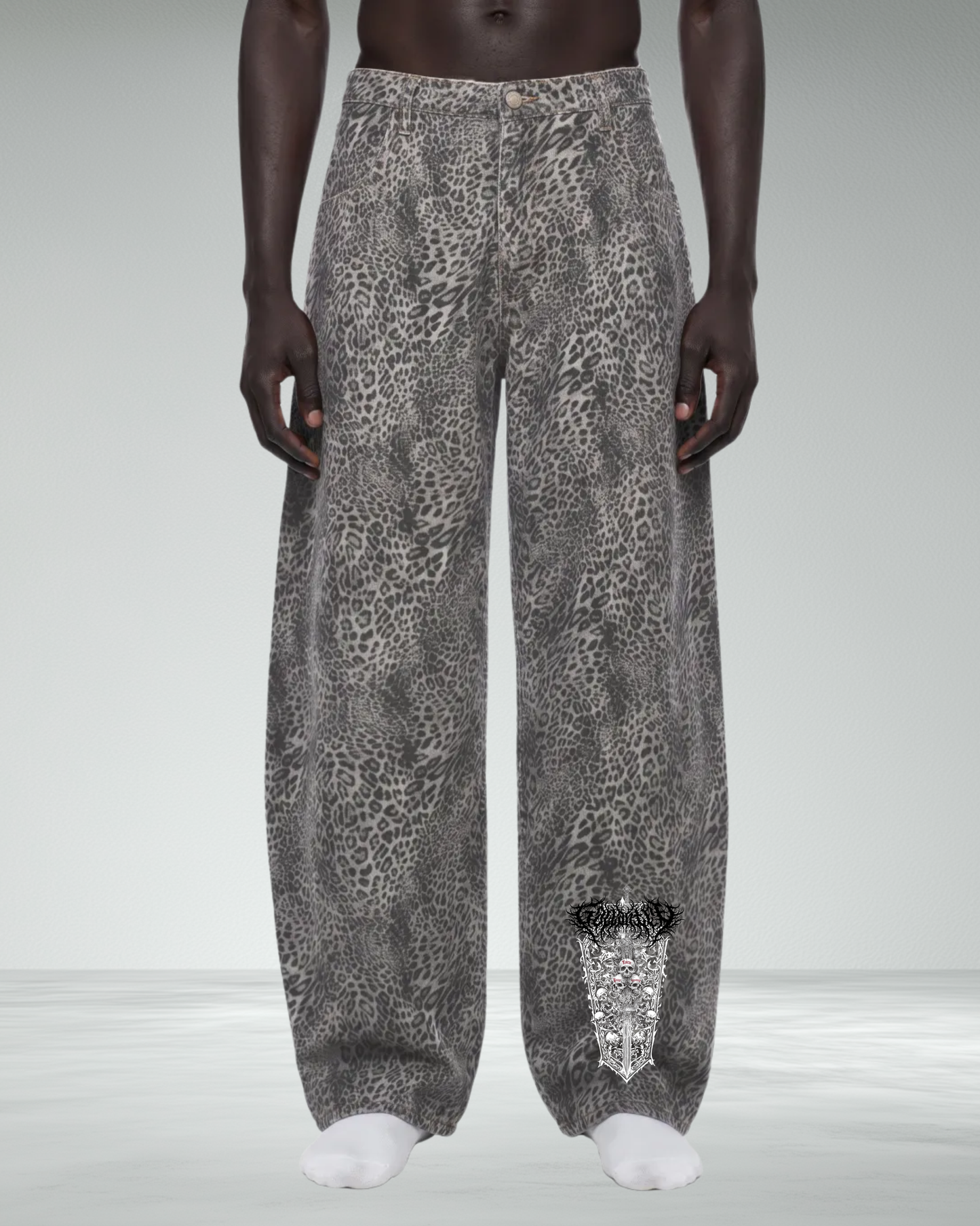 Vintage Wash Wide Leg Leopard Jeans