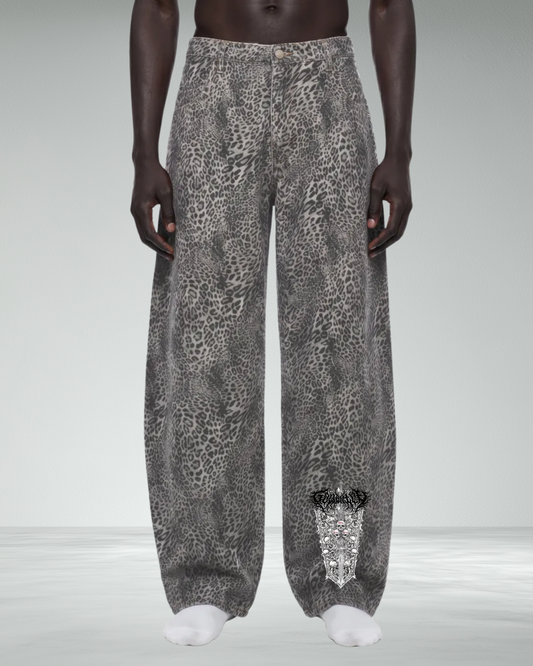 Vintage Wash Wide Leg Leopard Jeans