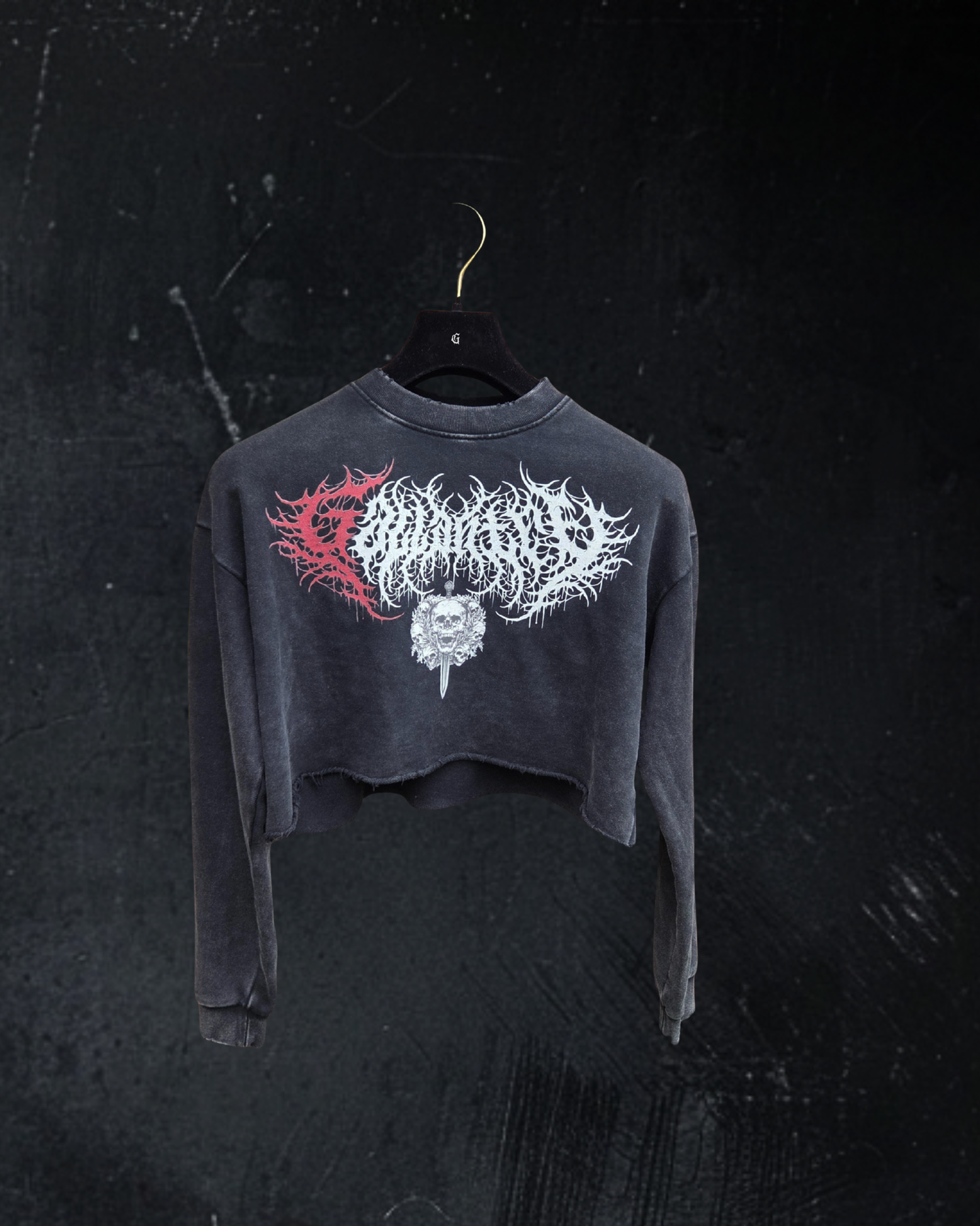 Deathcore vintage wash raw edge cropped sweatshirt