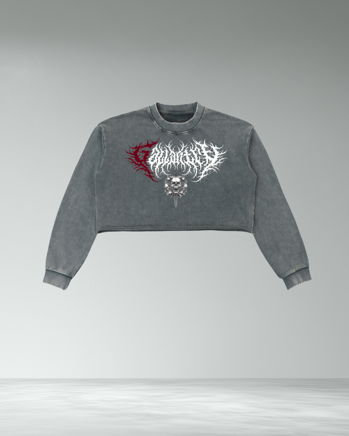 Deathcore vintage wash raw edge cropped sweatshirt