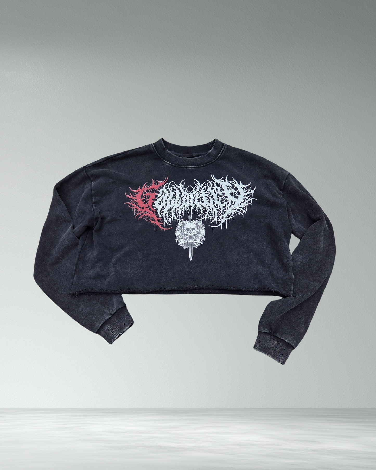 Deathcore vintage wash raw edge cropped sweatshirt
