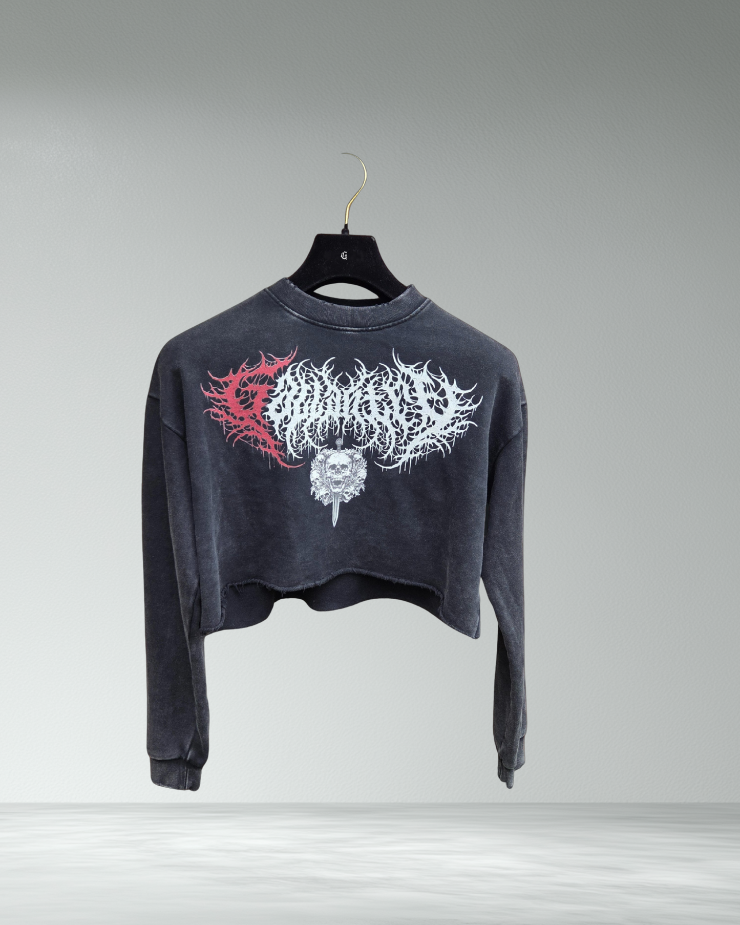 Deathcore vintage wash raw edge cropped sweatshirt