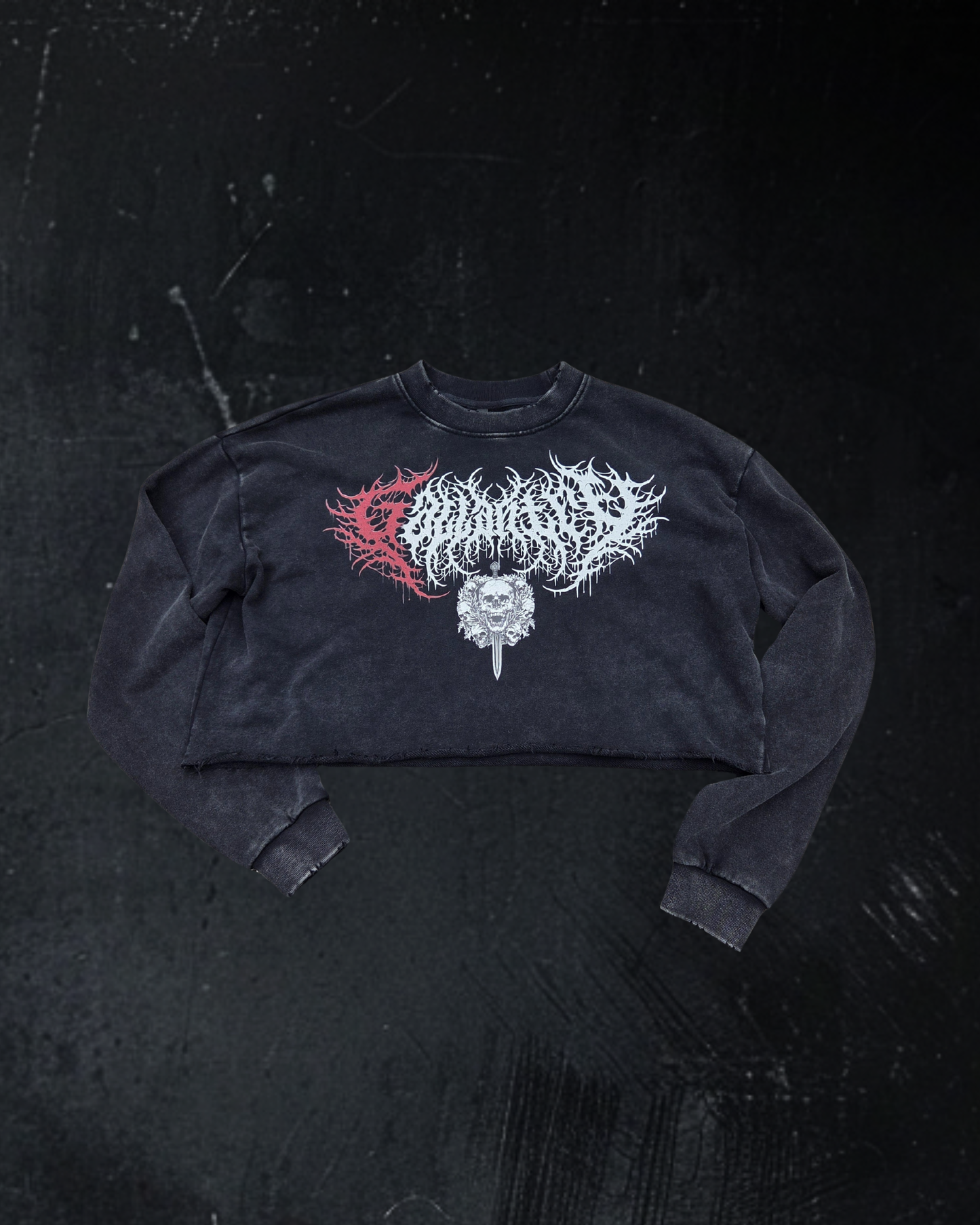 Deathcore vintage wash raw edge cropped sweatshirt