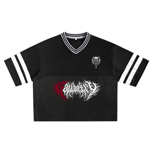 Black sports jersey with white and red designs on a white background